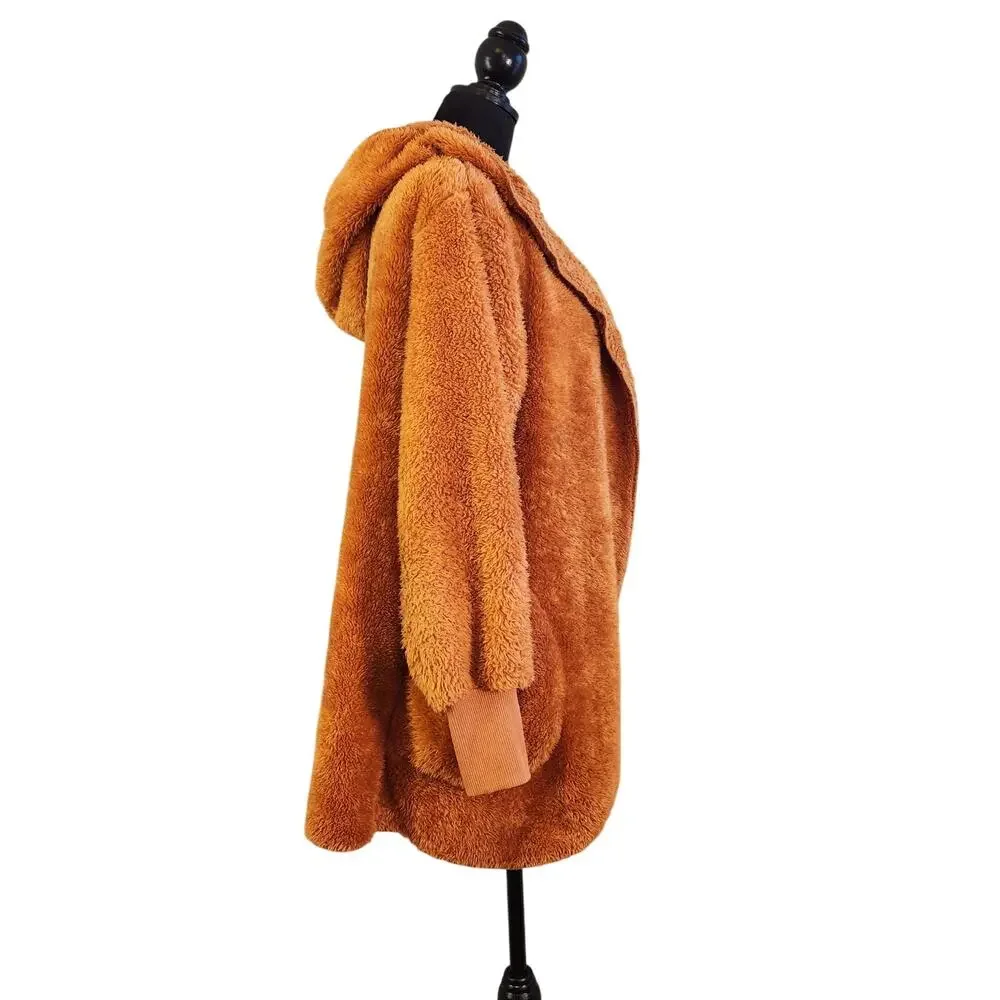 ZENANA Hooded Faux Fur Jacket with Pockets, Almond Brown, Size Medium